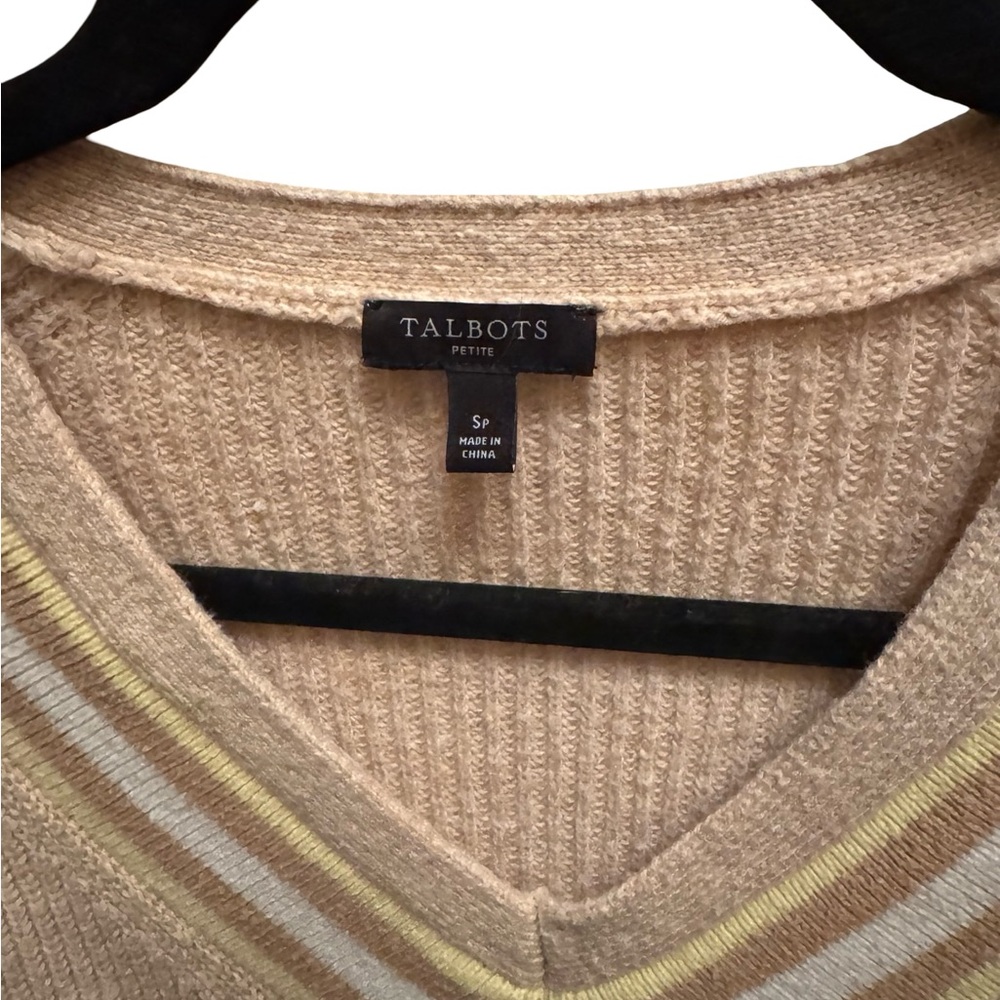Talbots Small Petite textured Tan V-Neck Sweater with Striped Detail - Picture 5 of 7